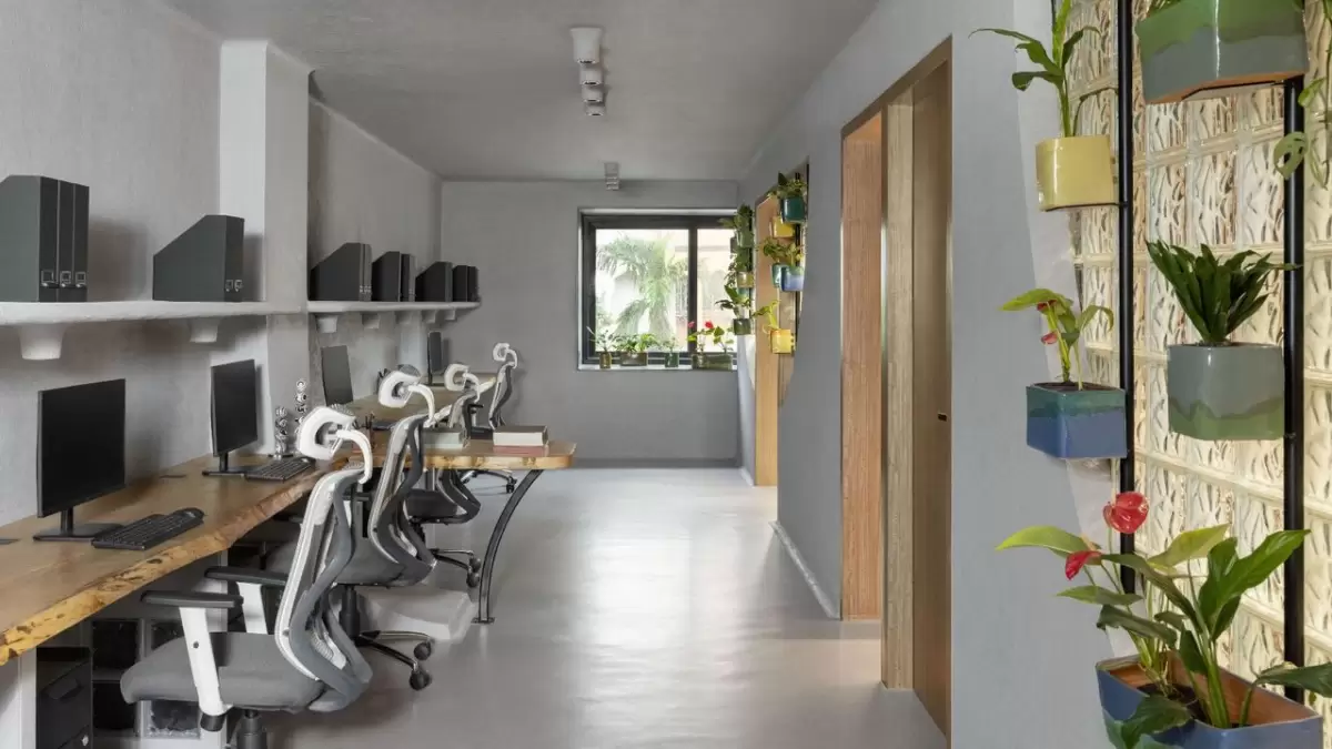 This 1,000-square-foot Kolkata office turns raw materials into a sculptural workspace